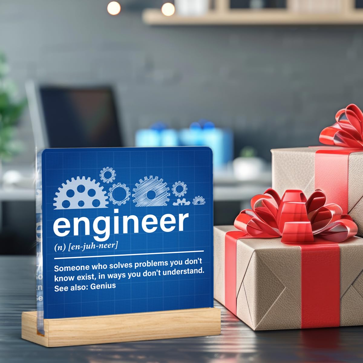 Engineer Gifts for Women Men, Gifts for Engineers Mechanical Engineering, Engineer Definition Acrylic Plaque Sign with Wood Stand Home Office Decor