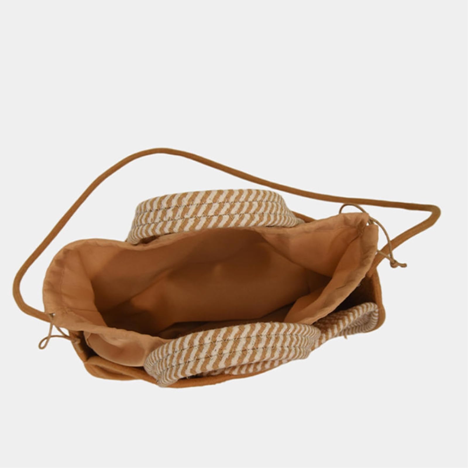 Borsa Spalla Paglia Rotondo Cavo Crossbody 2-Way Trasportare A Mano Tessuto Secchio Cordone Fodera Estate Mini Spalla-Khaki