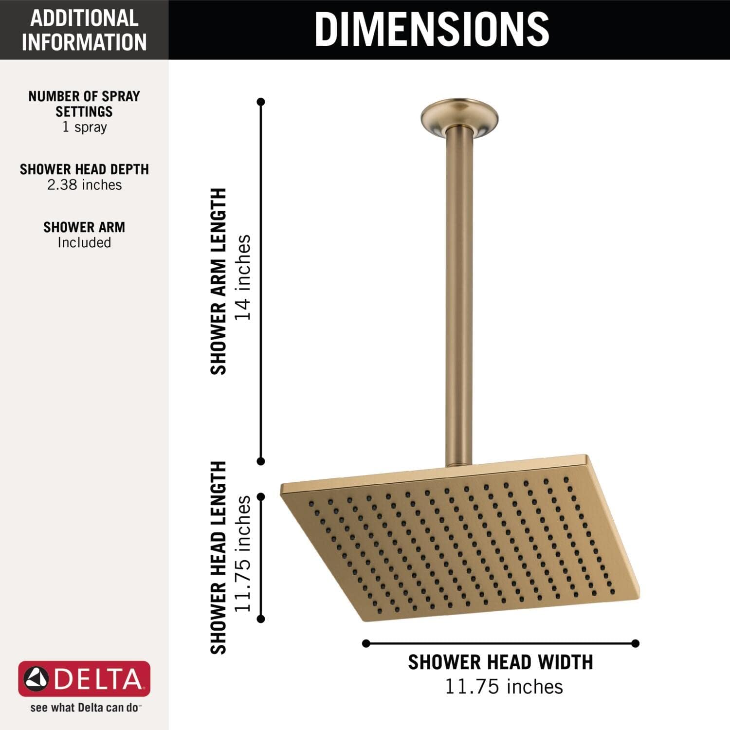 Delta Faucet Rainfall Shower Head, Gold Champagne Bronze, Metal Ceiling Mount, Rain Shower Arm Included