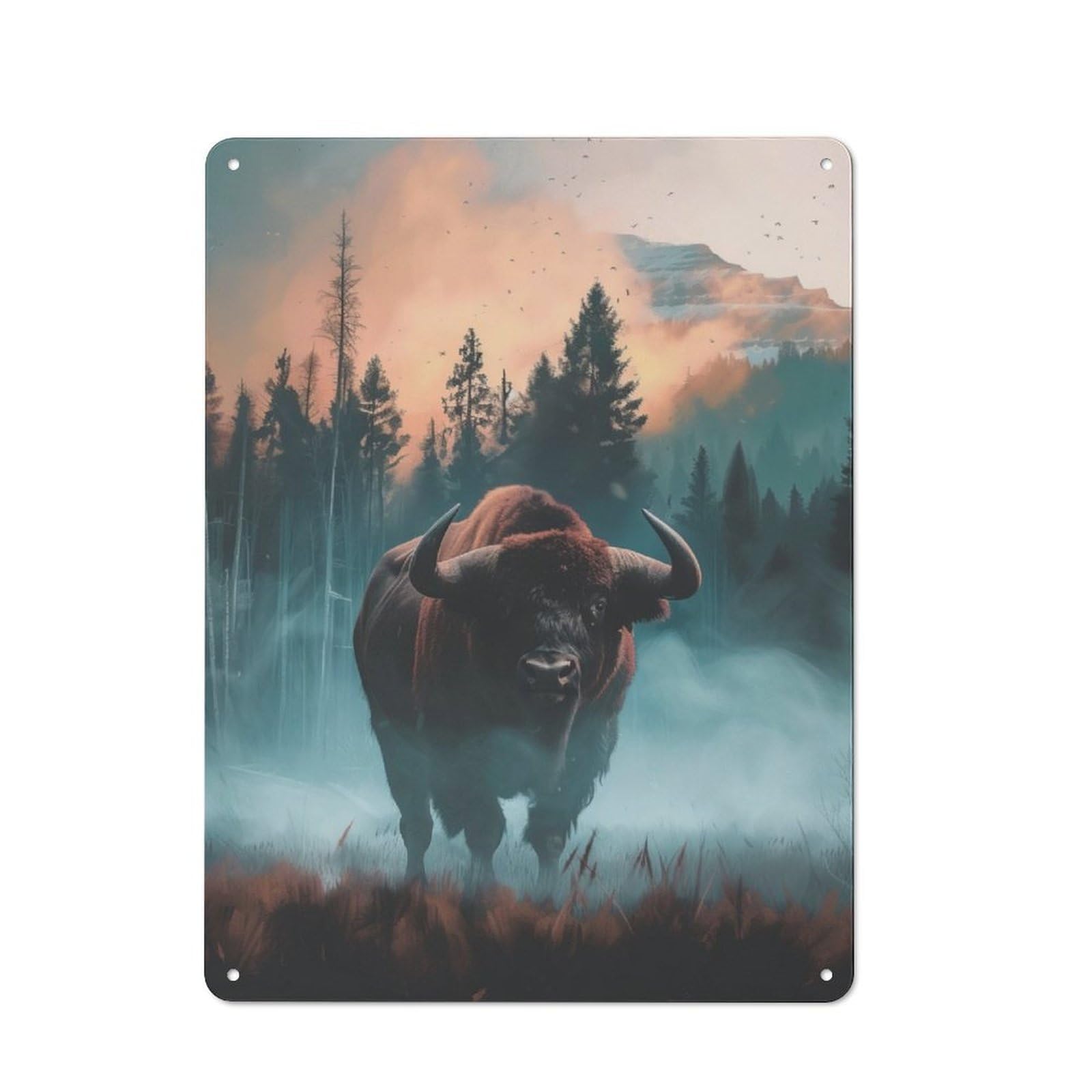 Junmoney Bison In Misty Forest Rustic Metal Wall Sign 40X30cm Featuring For Pub Or Café, For Vintage Wall Decor Fans, For Metal Sign Collectors