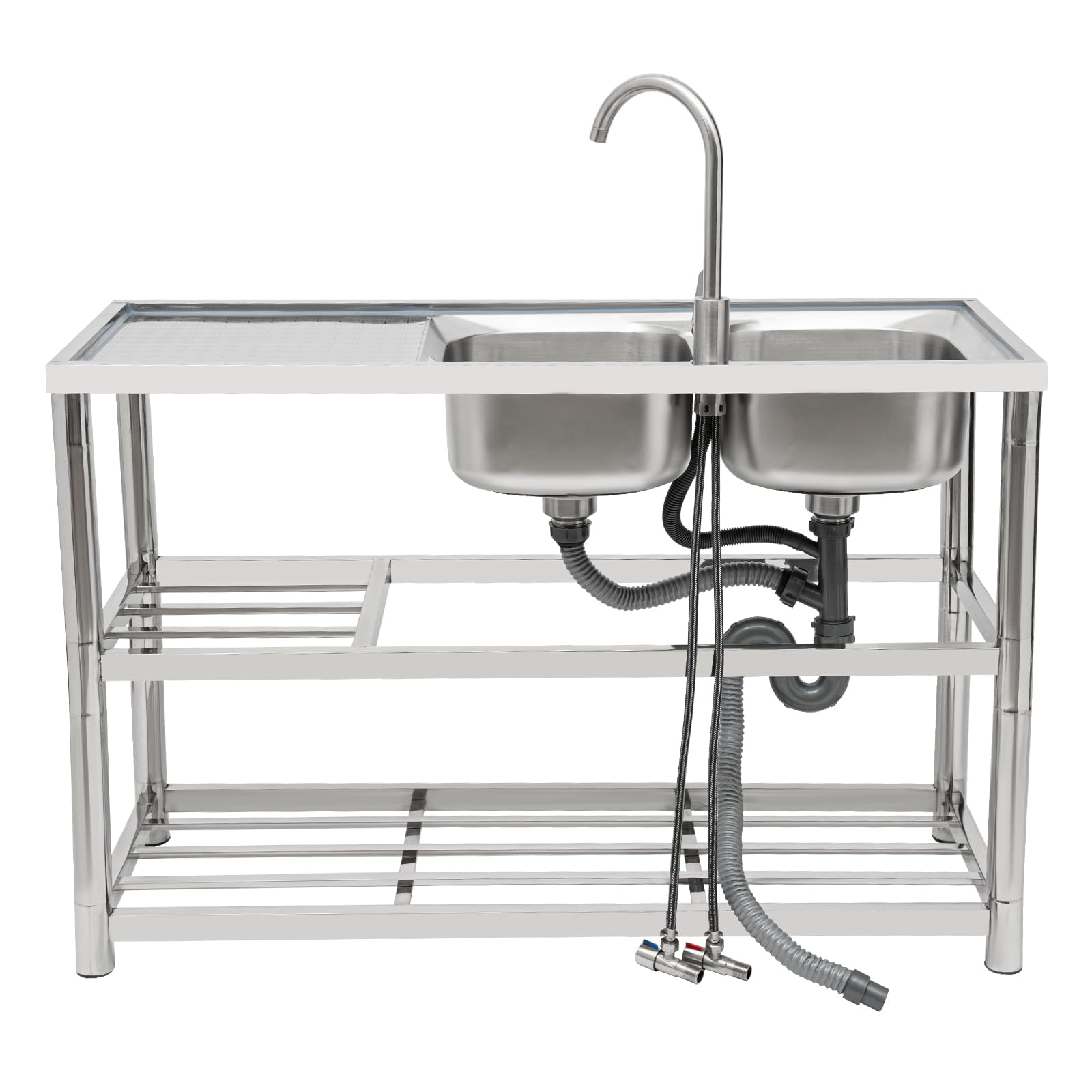 Lavello autoportante in acciaio inox, 2 vasche da cucina, set completo, 120 x 45 x 80 cm