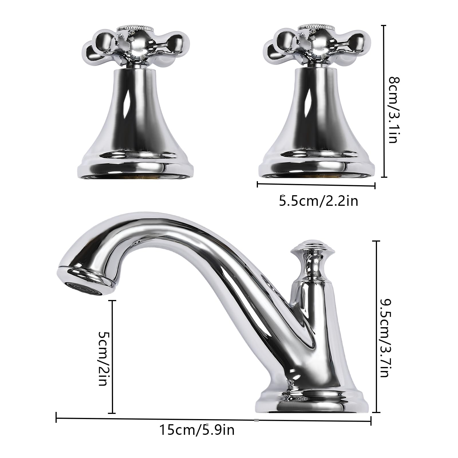 Rubinetto lavabo a 3 fori argento lavabo miscelatore con 2 maniglie, rubinetto per acqua calda e fredda
