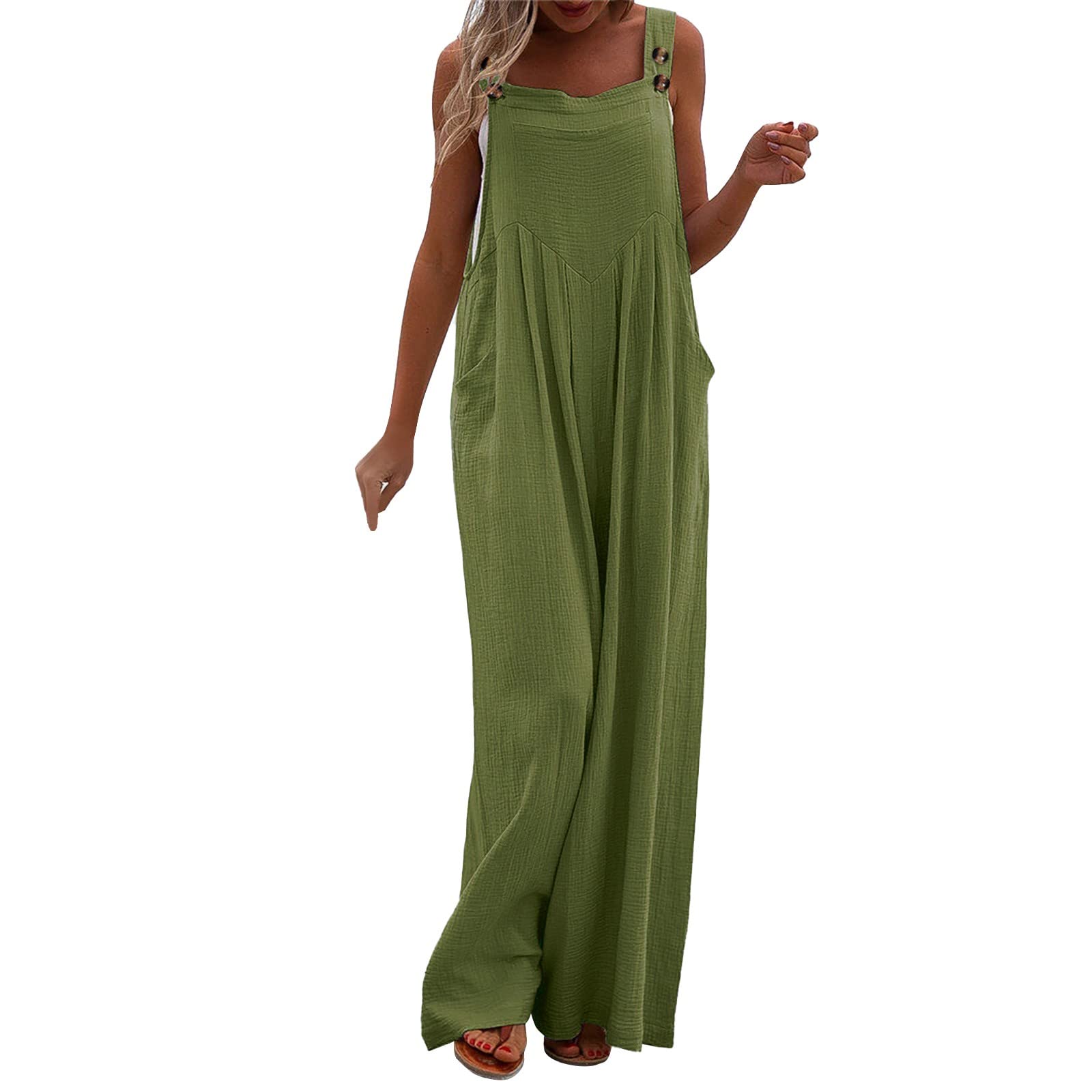 QWUVEDS Pijama Mujer Mono Casual Pocket Mujer Pelele Correa Sólido Playsuit Button Long Mono Mujer Mono Mujer Vestido Mujer Verano