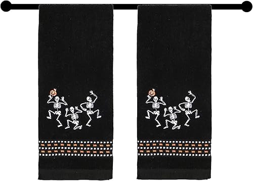 Miniatura 2 de SeasonsEasy Toallas de Halloween, juego de 2 toallas de mano de baño, diseño de esqueleto bordado, trío bailarín, decoración de baño