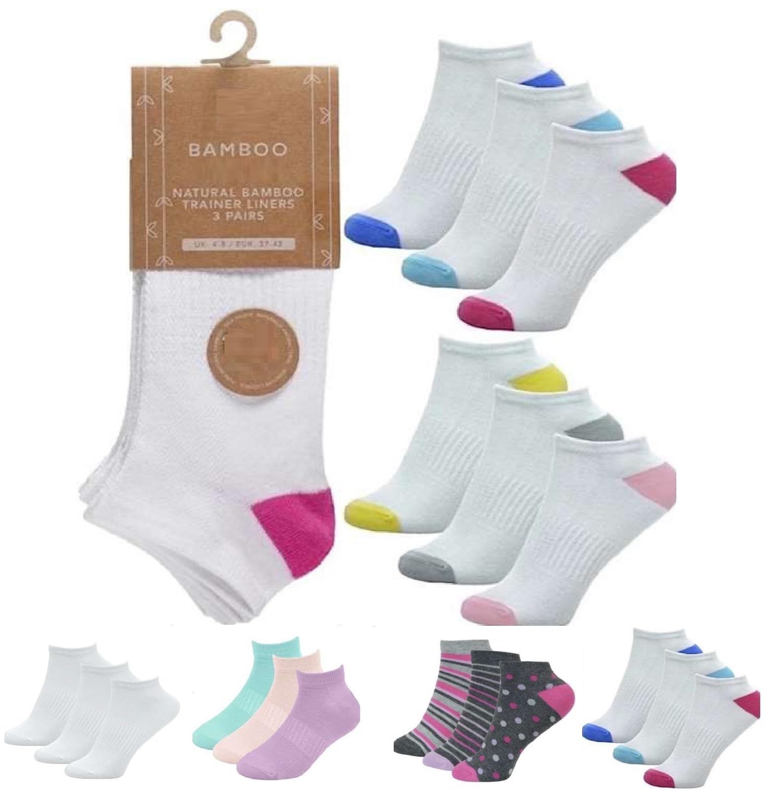 Onlybee Women's Coloured Heel 6 Pairs Of Bamboo Trainer Ankle Socks (Coloured Heel)