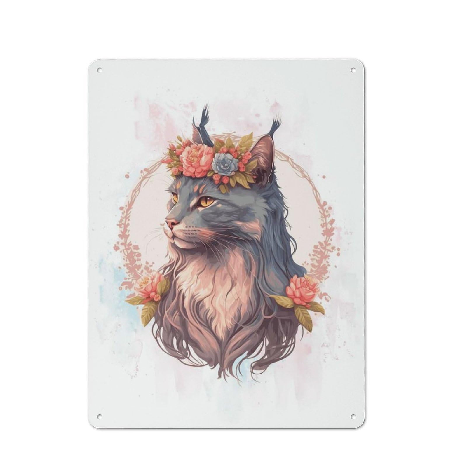 Junmoney Style-18 40X30cm Rustic Tin Sign With Floral Maine Coon Cat Art For Living Room Or Hallway, For Vintage Wall Decor Fans, For Themed Room Decoration