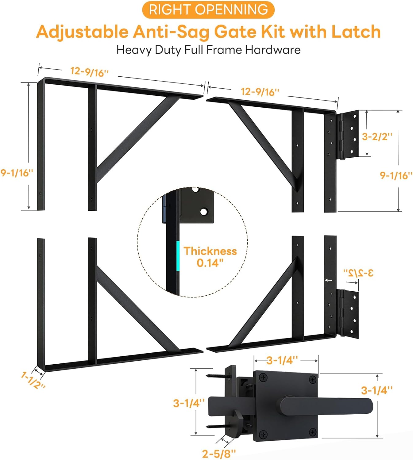 DIYHD Heavy Duty Anti-Sag Gate Kit with Right-Opening Latch, Adjustable Bracket Gate Frame Hardware for Wooden Fence or Patio, Fits 24"-60" Wide, Works with 2x4 Lumber (Wood Not Included)