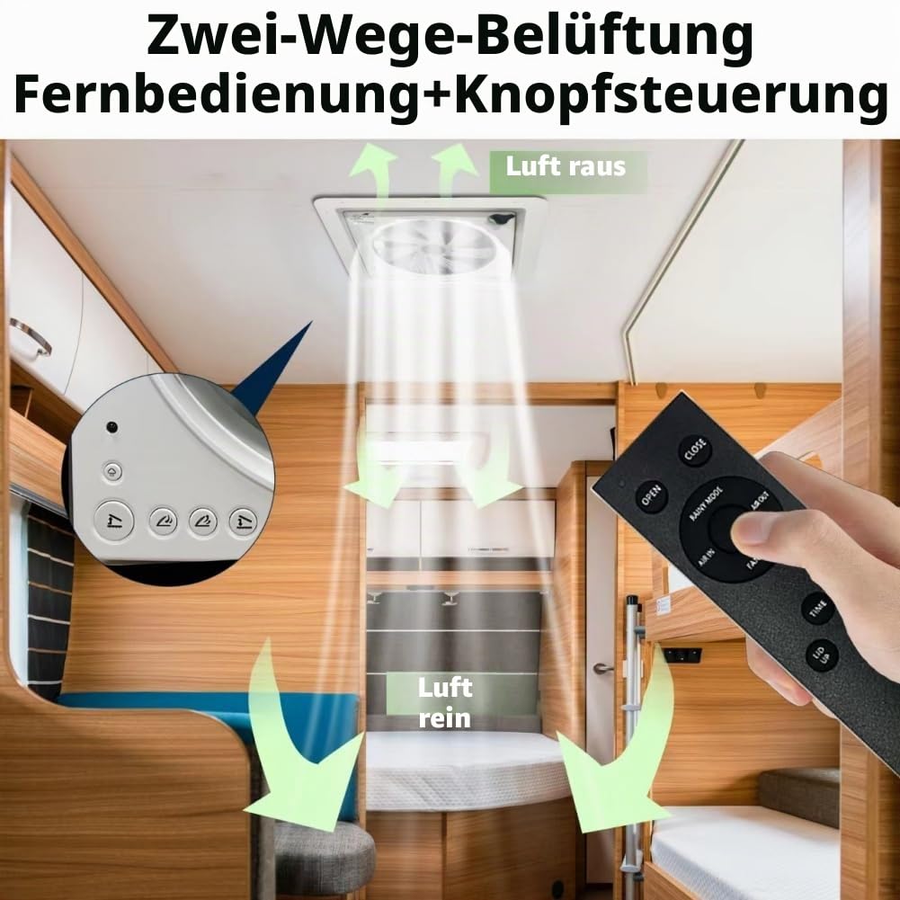 ZOIZ 12V Wohnmobil Dachventilator 360 mm, RV Dachlüfter mit transparentem Deckel, Fernbedienung, reversibel Abluft & Zuluft, extrem leise für Wohnwagen Camper, UV-beständig