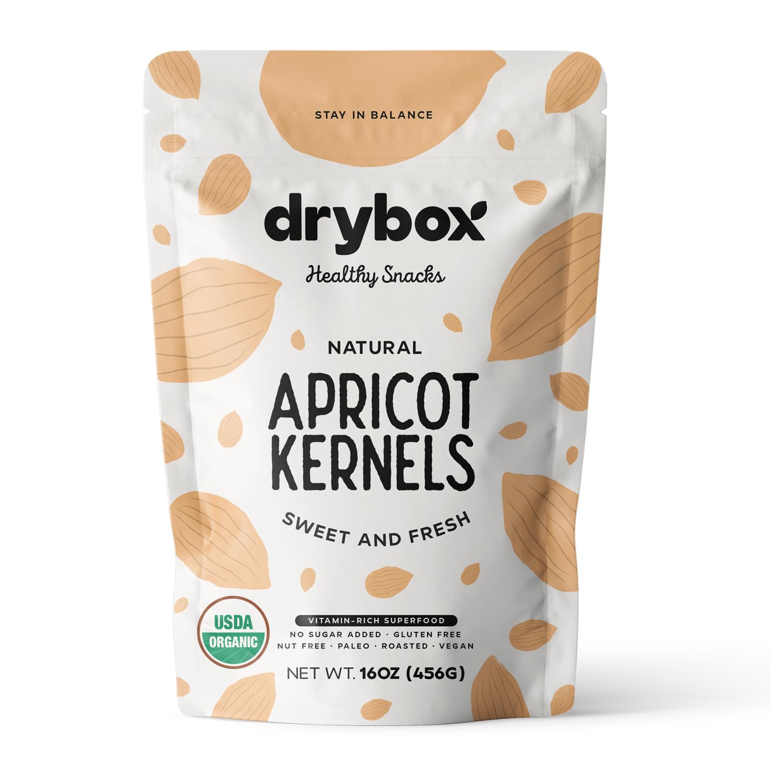 Drybox Sweet Apricot Kernels Seeds Raw Natural Organic NonGMO Vegan Kosher Source of Vitamin B17 and B15, Resealable Bag 16 oz/ 1 lb Bag, 1 Pack for snacking baking cookingUSDA Organic