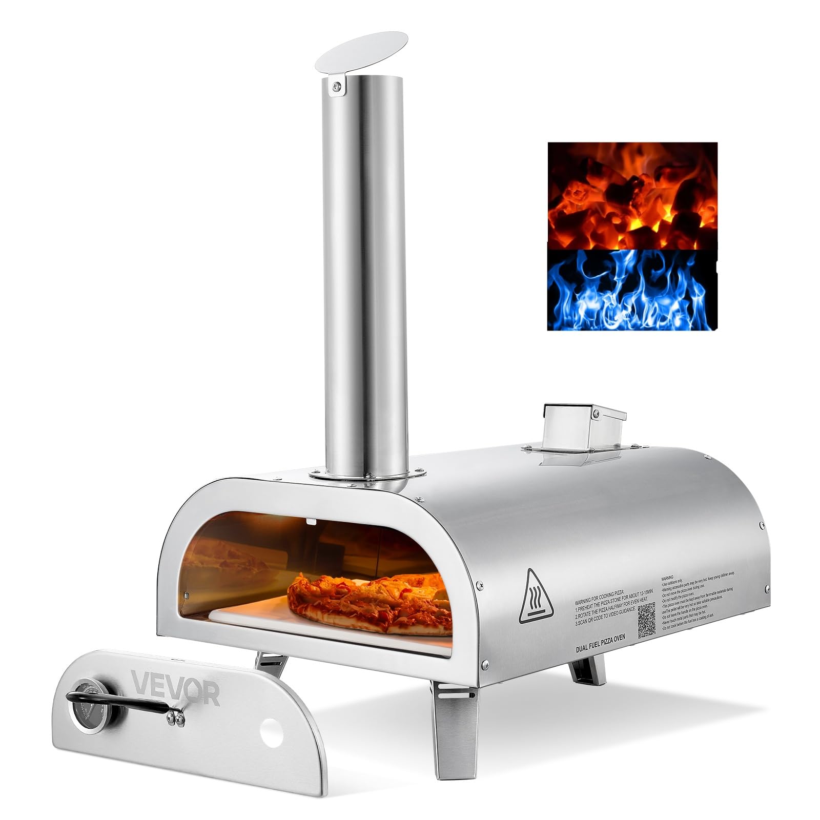 VEVOR Dual Fuel Pizza Oven Outdoor, 12 Inch Wood Fire & Propane Gas Pizza Oven, Pellet & Propane Pizza-Maker with Thermometer, Carry Bag, Stainless Steel Pizza-Cook for Outside Camping & Backyard