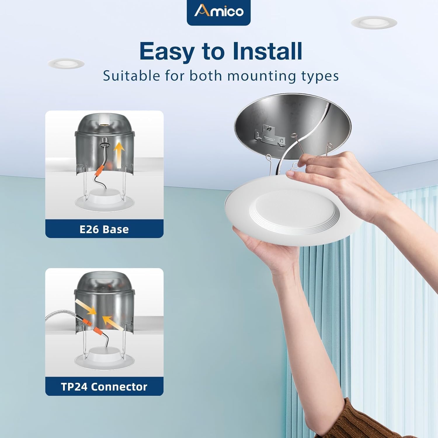 Amico 5/6 inch 5CCT LED Recessed Lighting 36 Pack, Dimmable, IC Rated, 12.5W=100W, 950LM Can Lights with Baffle Trim, 2700K/3000K/4000K/5000K/6000K Selectable, Retrofit Installation, ETL & FCC