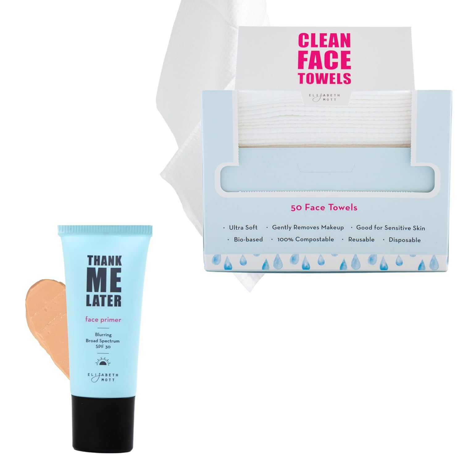 Elizabeth Mott - Thank Me Later Blurring Face Primer (30g) and Thank Me Later Clean Face Towels - Cruelty Free - (2-Pack Bundle)