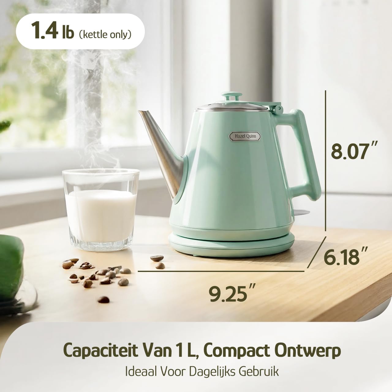 Hazel Quinn Electric Kettle - 1L/34oz Small Tea Kettle, 800W Fast Boil, All 304 Stainless Steel Interior, Double Wall for Cool Touch and Thermal, Auto Shut-Off, BPA-Free, Cordless - Mint Green