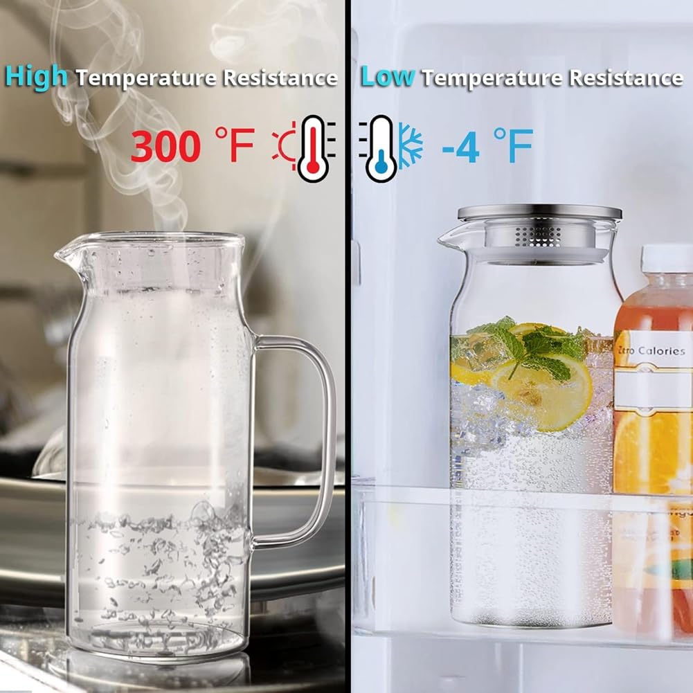 Jarra con Tapa y, Jarra de Vidrio para Agua Caliente/Fría, Jarra Grande para Té Helado, Café, Jugo y Bebidas Caseras.