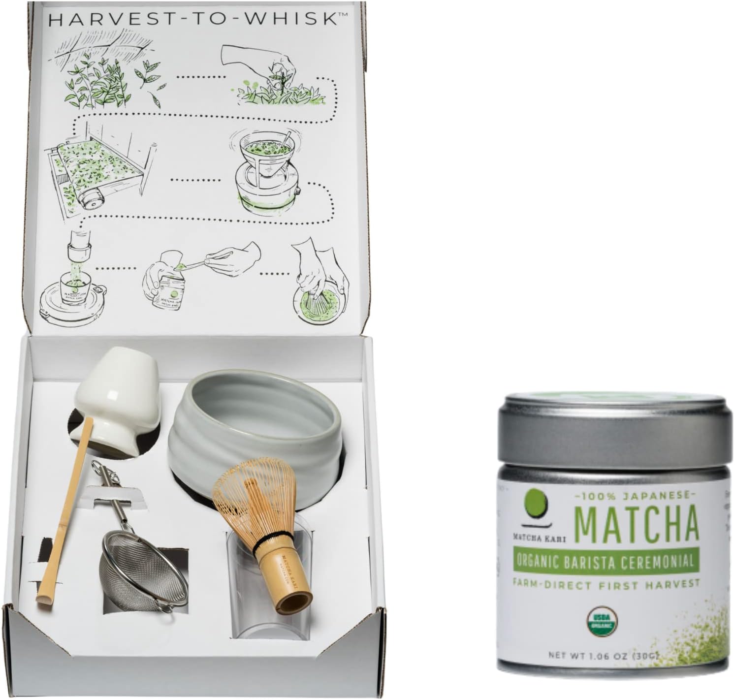 Matcha Kari Dr. Weil Kit and 30g Barista Bundle - 30 Grams Organic Barista Grade, Bamboo Whisk & Scoop, Stainless Steel Sifter, Ceramic Stoneware Bowl & Whisk Holder Kit - White