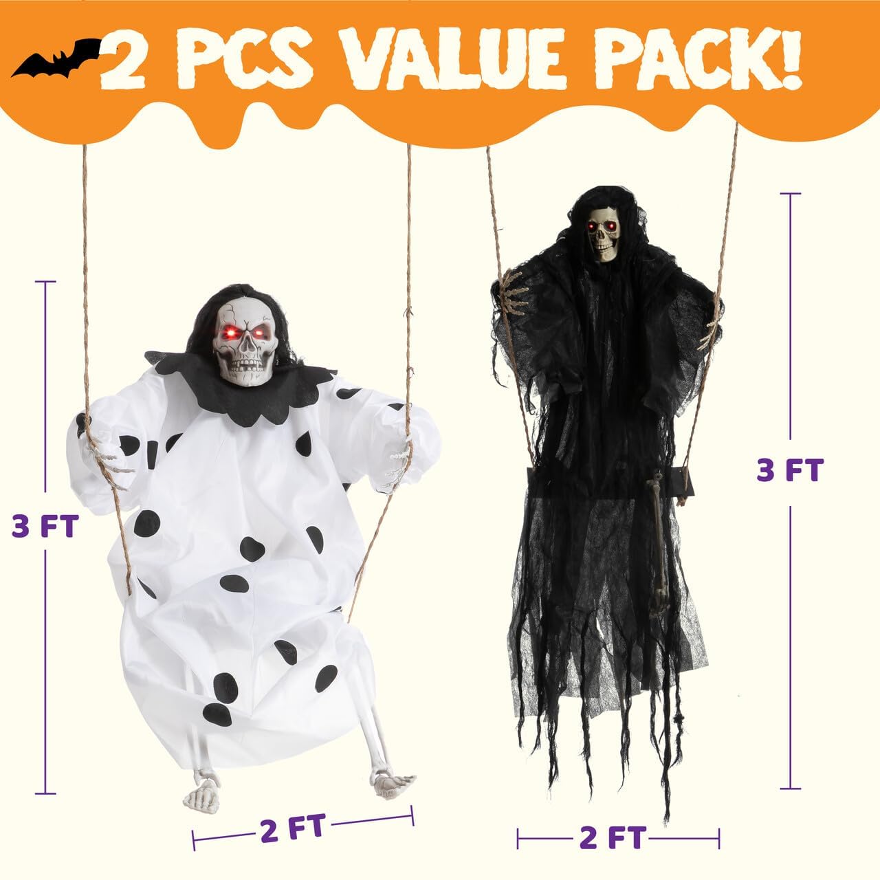 JOYIN 2 sztuki świecących duchów na Halloween z oświetlonymi oczami, kołyszący się szkielet, duchy, dekoracja zewnętrzna, czarno-białe latające duchy na podwórko, patio, trawnik, ogród, przyjęcie
