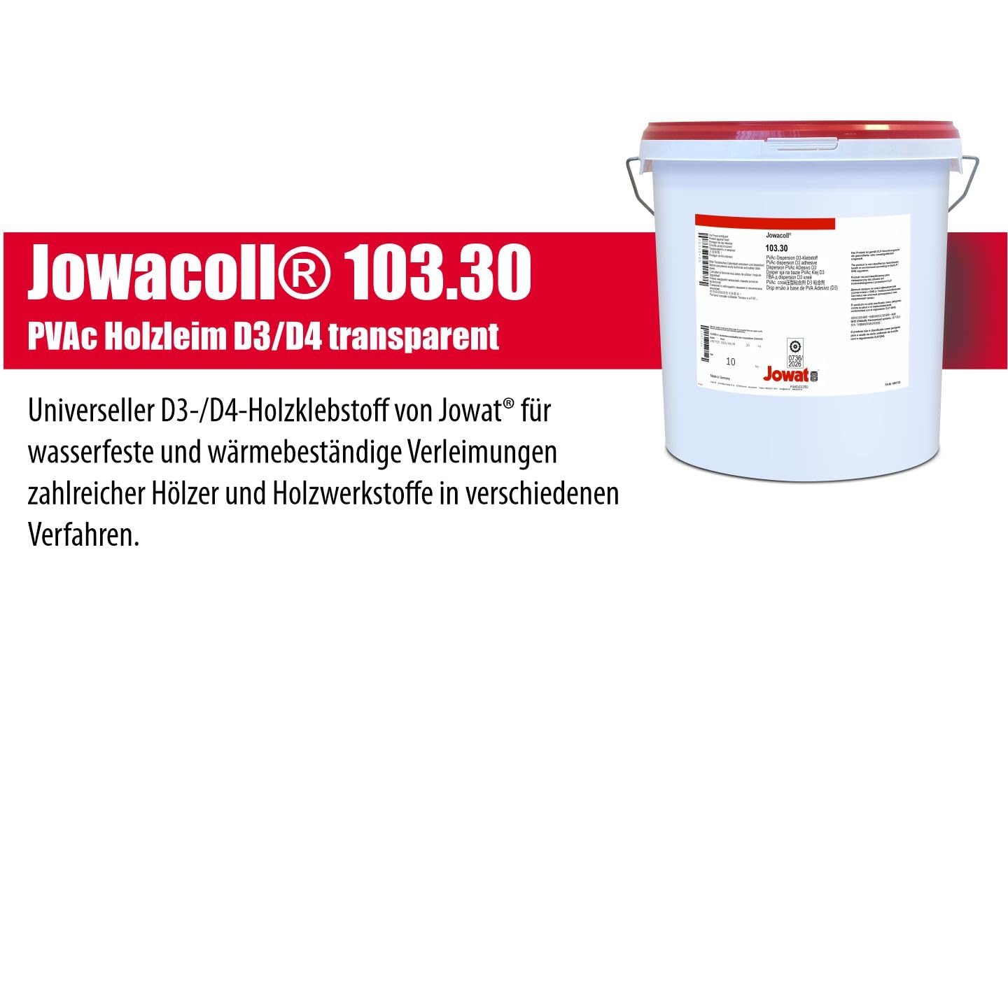 Jowat Jowacoll 103.30 10 kg Holzleim-Set inkl. Leimspachtel – Dispersionsleim D3 / D4 für Holz, Kanten, Furniere & Möbelbau – hohe Festigkeit