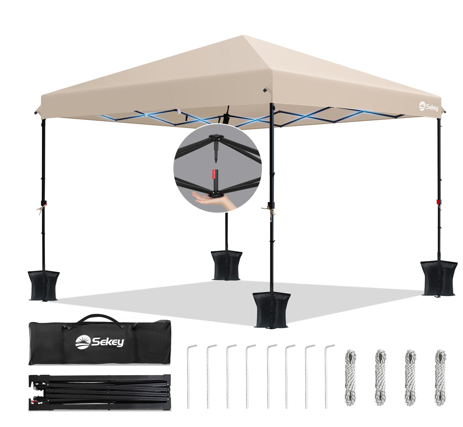 Sekey One-Touch Pop Up Pavillon 3x3 Wasserdicht Stabil Winterfest, Faltpavillon 3x3m mit Verdickten Röhren, Partyzelt Pavillion Klappbar für Camping Festival Party, Premium Serie 3x3, Khaki