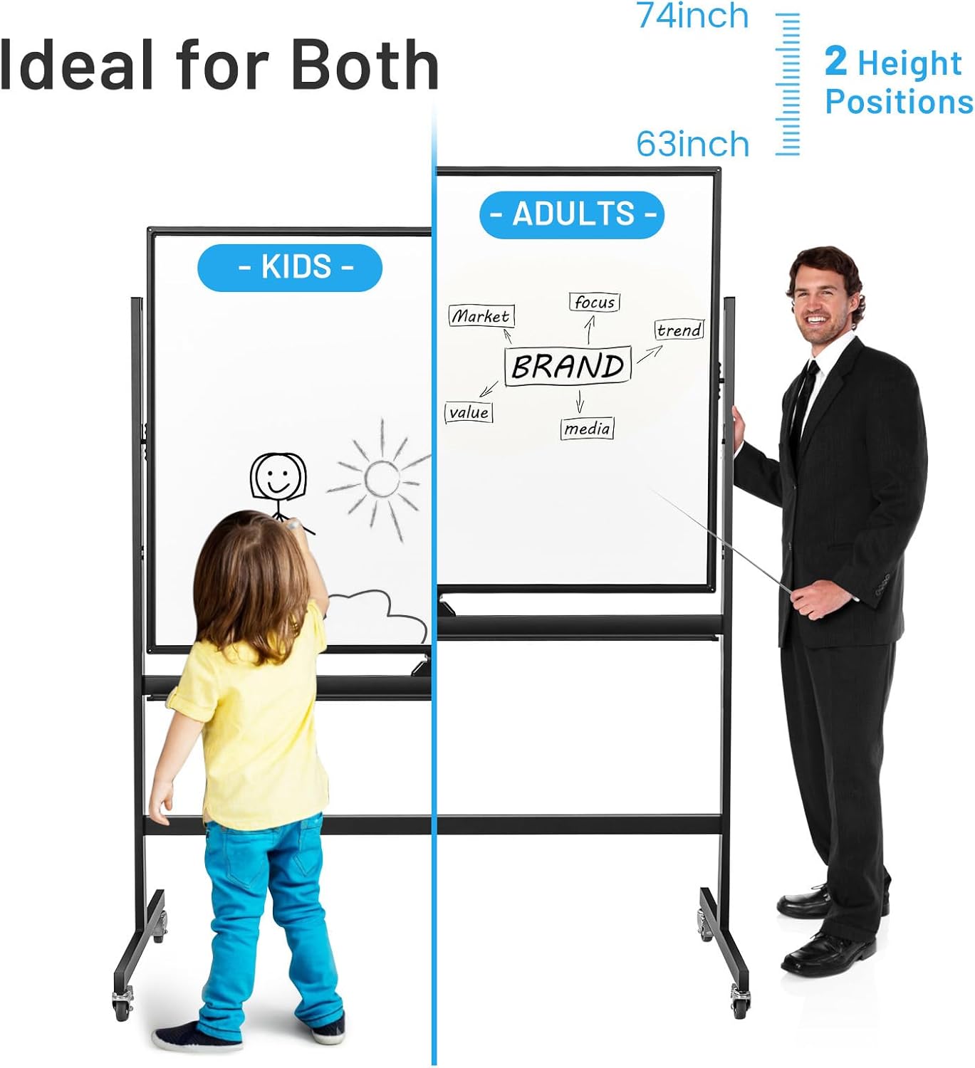 Giantex Double-Sided Magnetic Dry Erase Mobile Whiteboard, 48 x 36 Inches Adjustable-Height Reversible Whiteboard w/ 1 Flip Chart, 6 Markers, 12 Magnets, 1 Eraser, Free-Standing Rolling Whiteboard