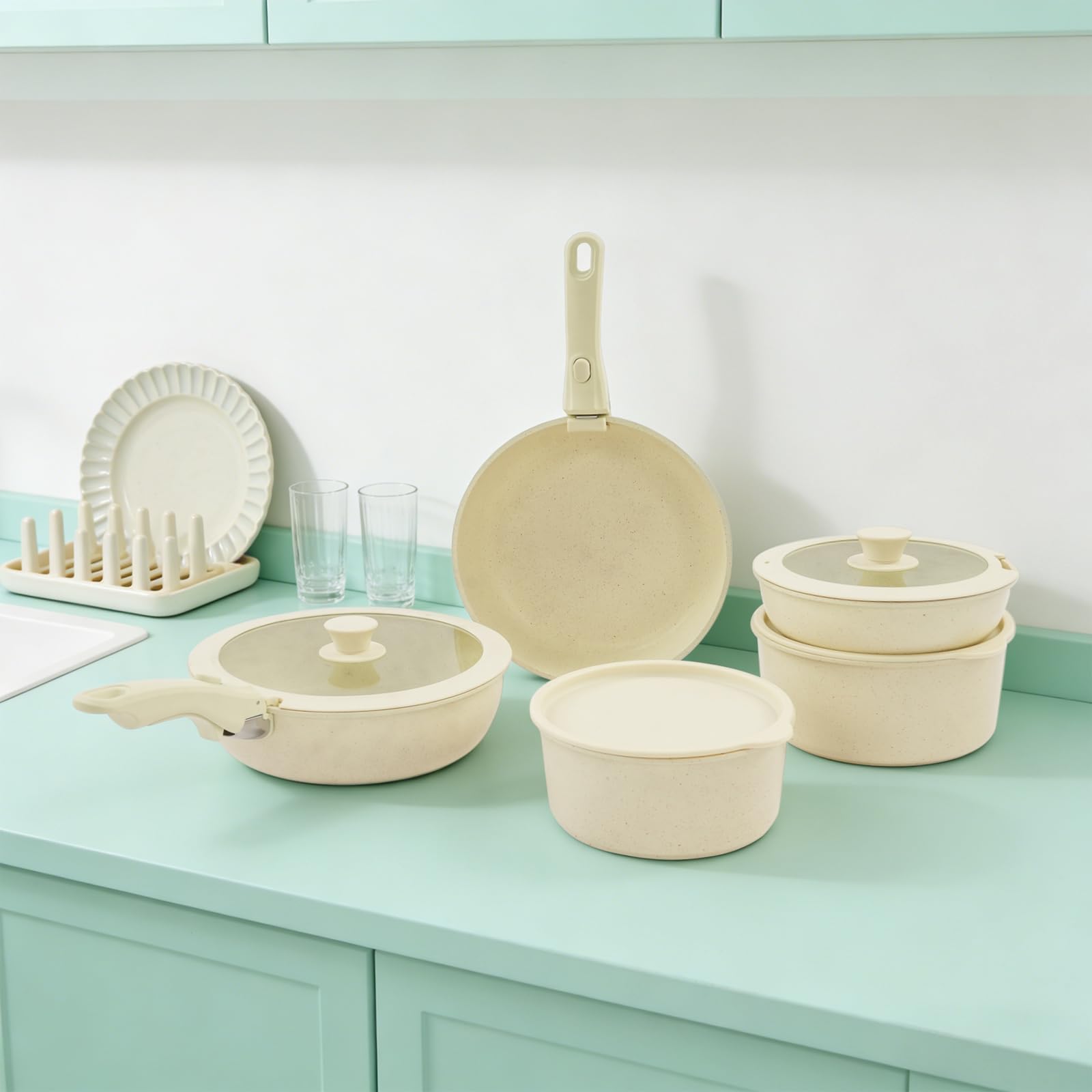 15-Teilig Kochgeschirr-Set,Antihaft Pfanneset Vielseitiges Topf＆Pfannensets mit Abnehmbarem Griff Tragbar Töpfe und Pfannen Kochtopf Set für Küche (Beige)