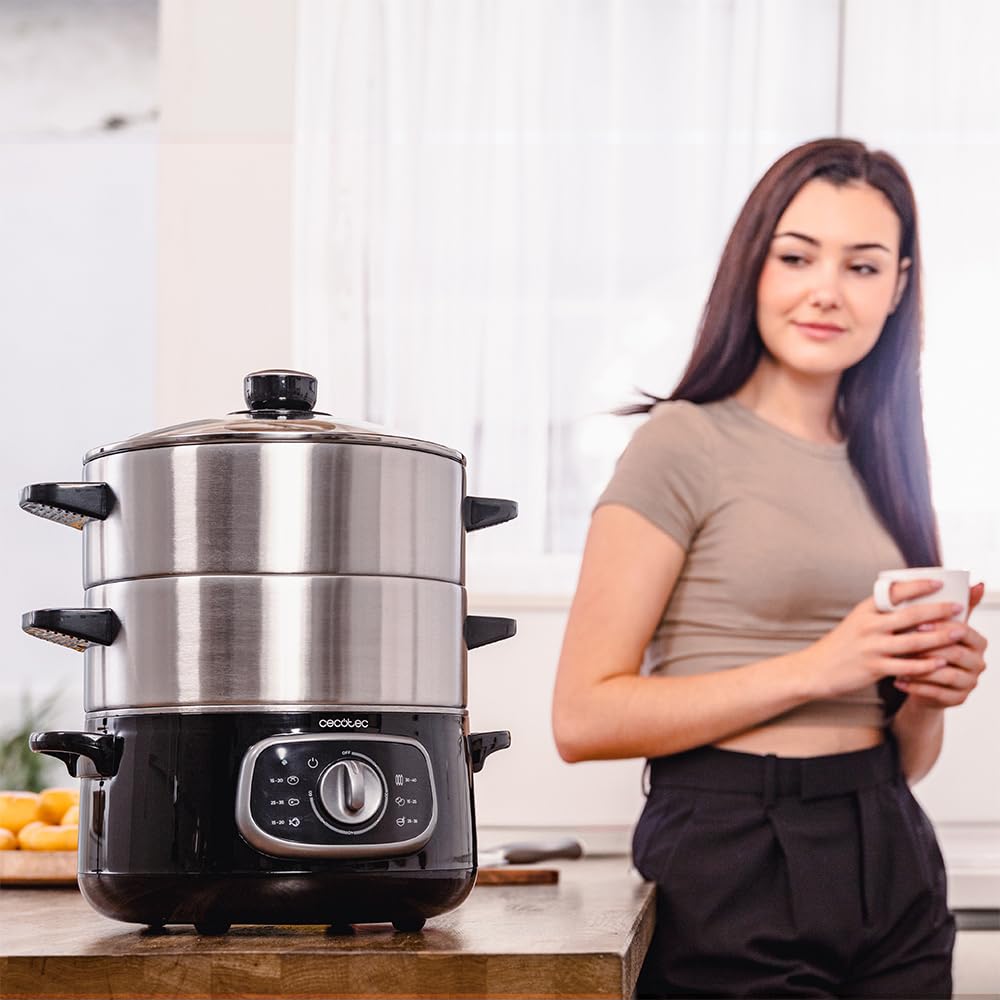 Cecotec Elektrischer Dampfgarer Vapovita Steelpot. Leistung 1300W, Edelstahlbehälter, 10L, einstellbare Zeit, Auto Abschaltung, einfache Reinigung, spezieller Deckel, gesundes Kochen, Sicherheit