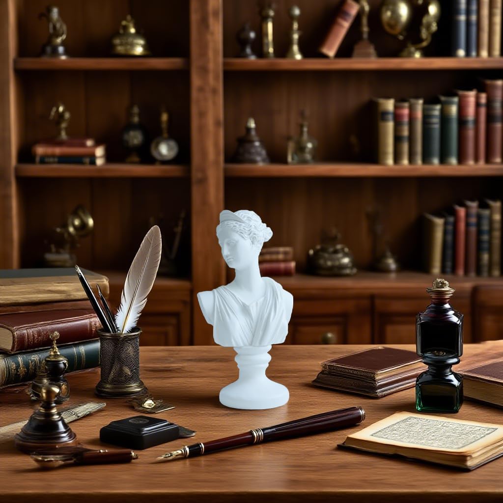 11.5inch Greek Diana Bust Sculpture , Vintage Simple Art,Symbol Of Good Luck And Wisdom,Decorations Applicable Home,Living Room,Bedroom,Office Desk Table Indoor,Gift For Women,Roman myth statue,White