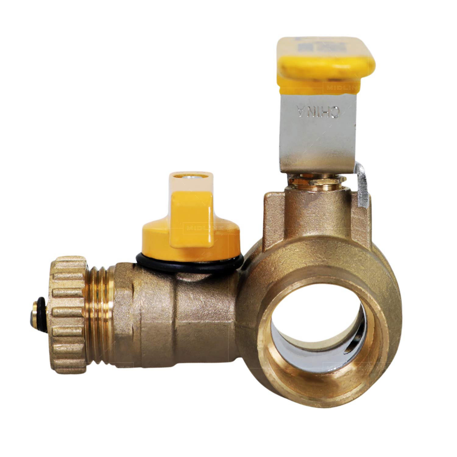 Midline Valve 928D223 Zawór kulowy wysokiego spustu, oczyszczacz do czyszczenia systemu rurowego, 3-kierunkowa regulowana ścieżka przepływu, uchwyt odwracalny 2,5 cm, przyłącze potu, mosiądz