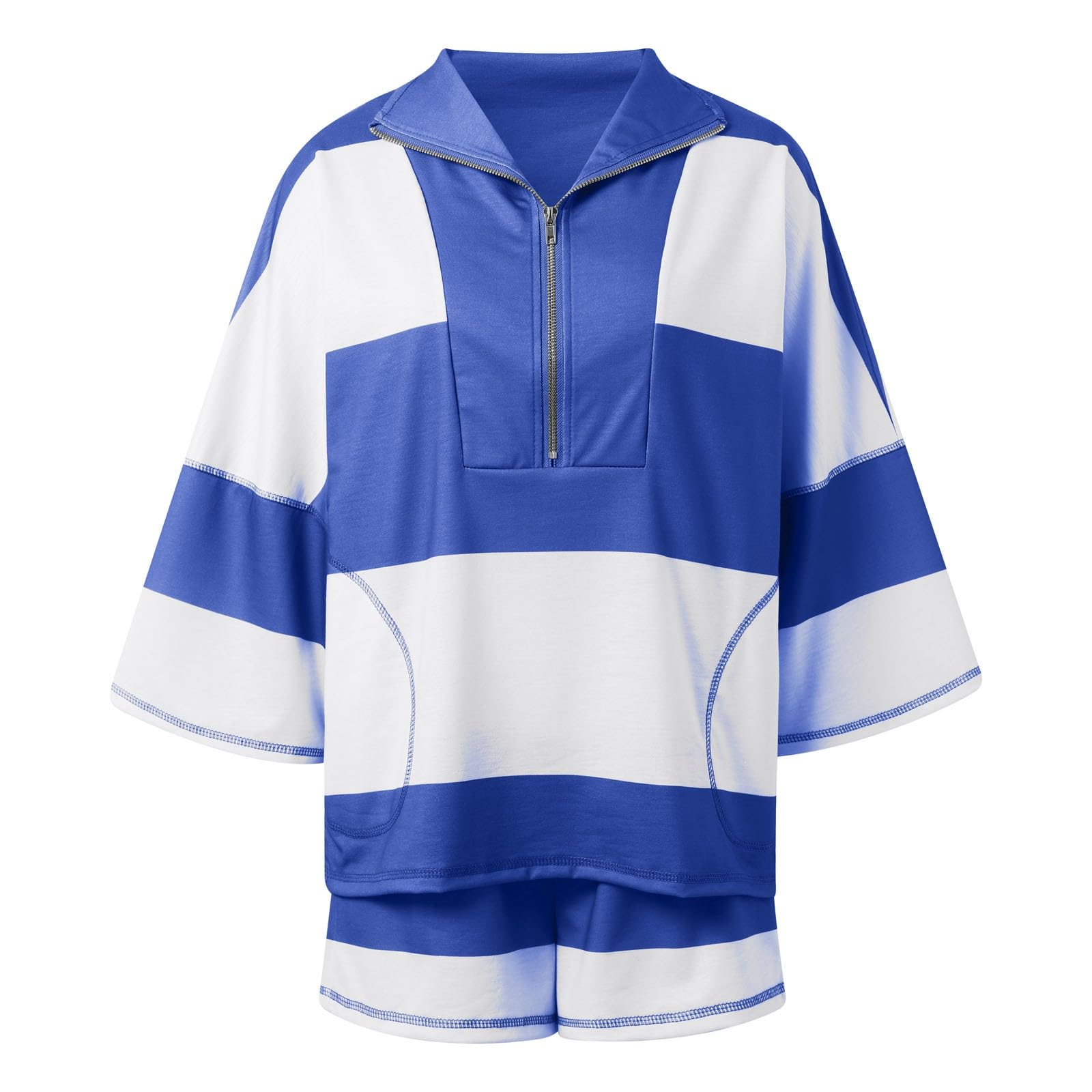 Générique Short élégant pour Femme à Porter au Quotidien. Col en V à Rayures. Parfait pour Les Tenues d'été décontractées. Entretien Facile. Polyvalent pour Les Loisirs et Les Baskets.