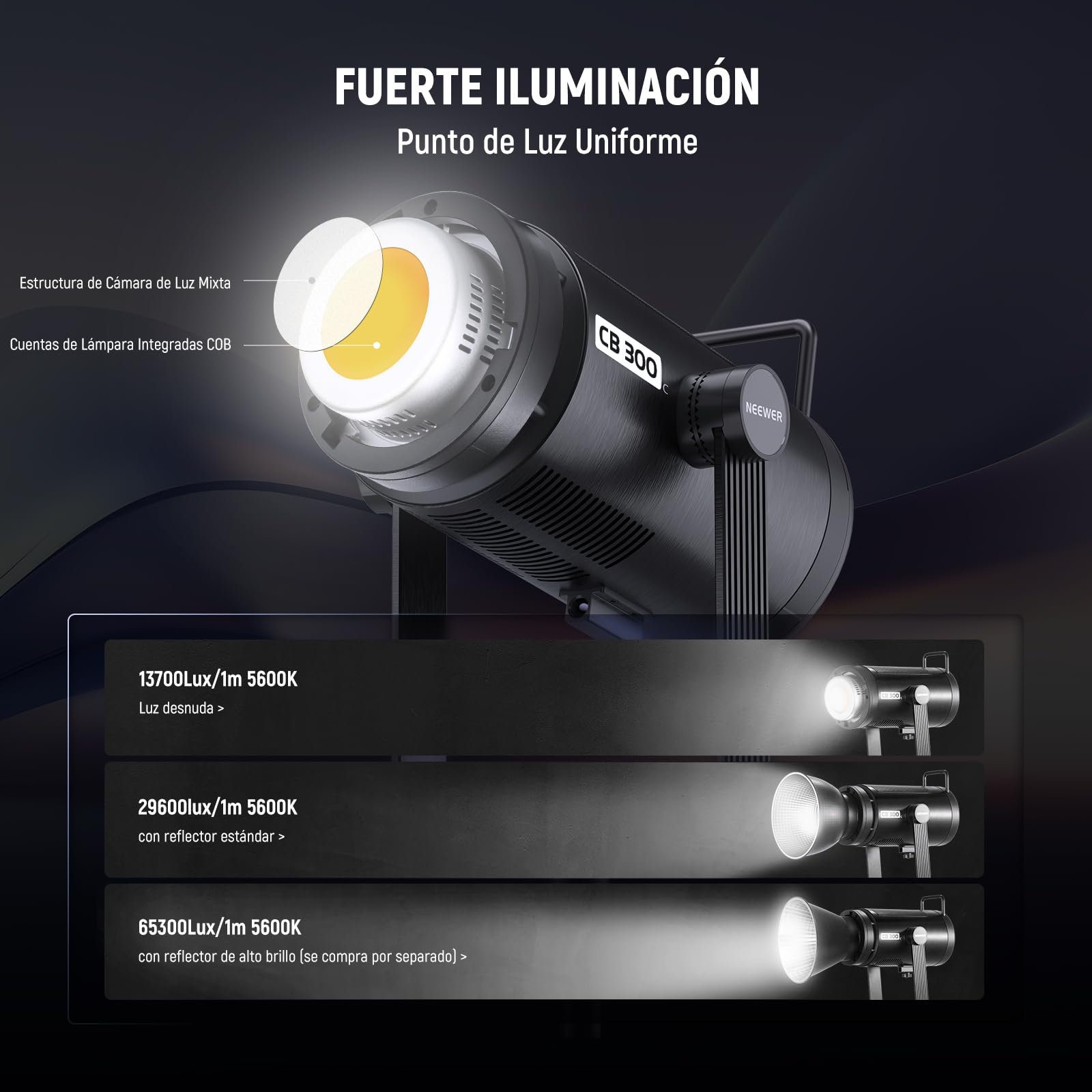 NEEWER CB 300C Luz Vídeo LED 300W con Reflector, Montaje Bowens, 155000Lux/1m 5600K COB Iluminación Continua CRI97+/TLCI97+ Foco Estudio Regulable, App/2,4G/Control Integrado para Grabación Películas