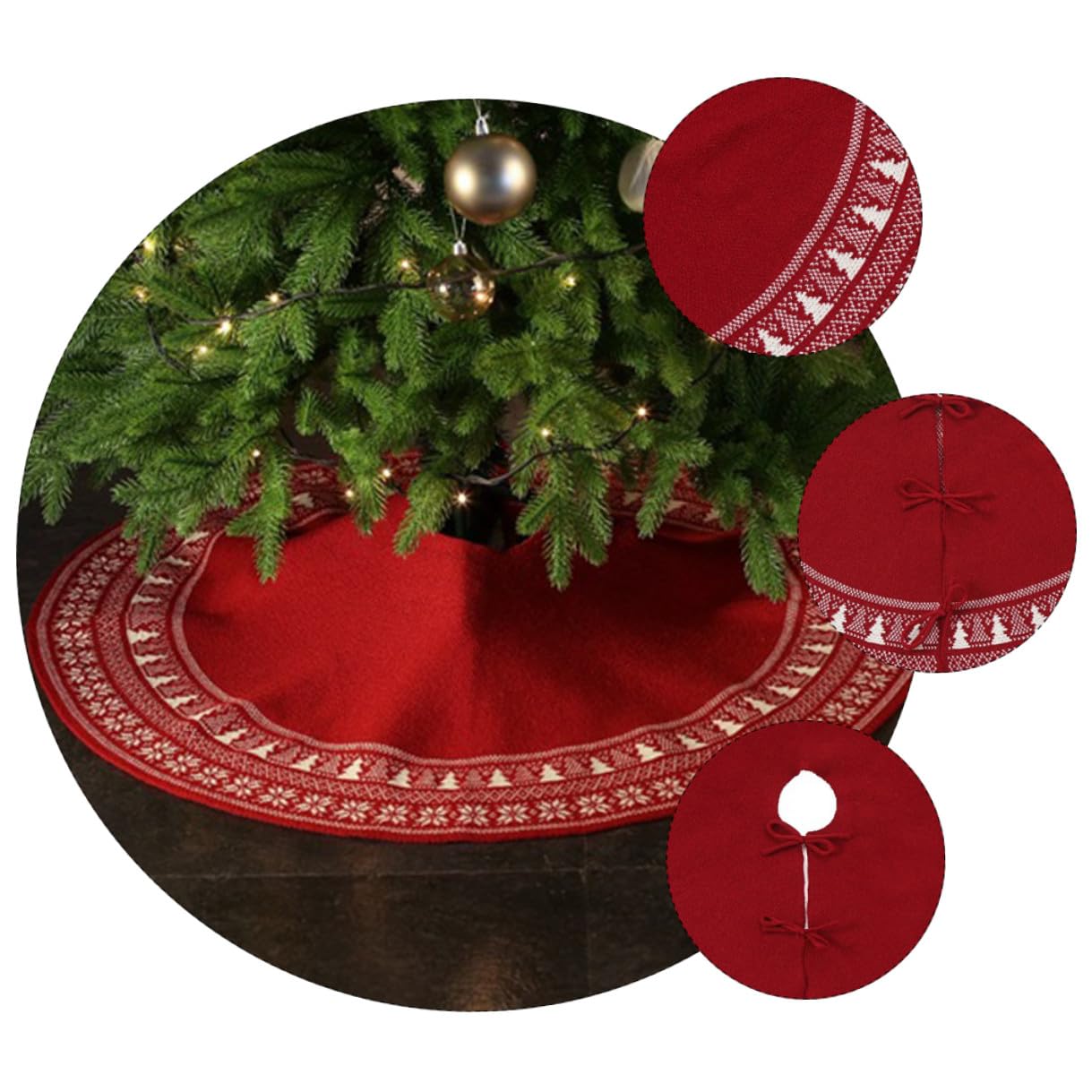 TOYANDONA Weihnachtsbaumschürze mit Schneeflocken und Baum-Elementen Gestrickt Weicher Teppich Dekoration für Feiertage Schal oder Baumrock
