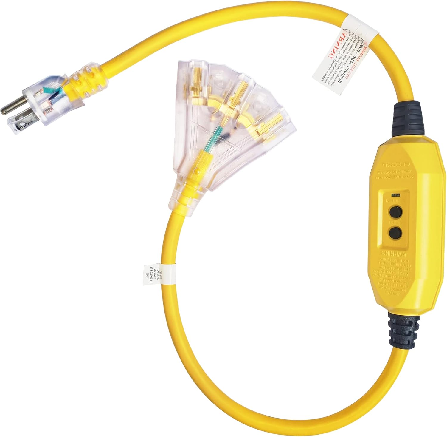 3 FT Lighted GFCI Extension Cord with 3 Power Outlets,12/3 SJTW Heavy Duty Yellow Extension Cable with 3 Prong Grounded Plug for Safety,UL Listed