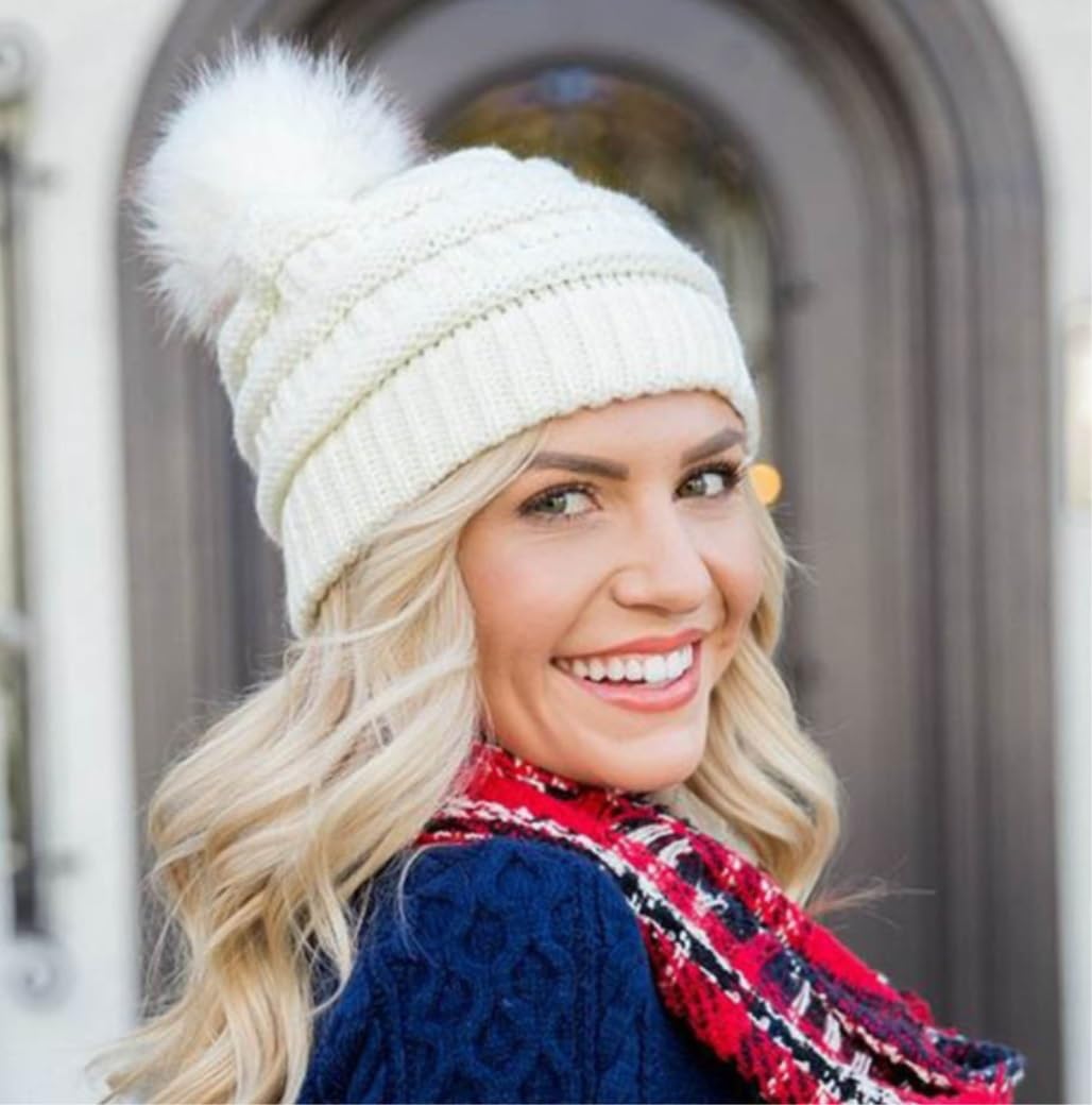 Wintermütze Für Kälte Damen Winter-Strick-Slouchy-Beanie-Mütze, Warme Totenkopf-Skimütze, Kunstfell-Pom-Pom-Hüte Mütze Warme