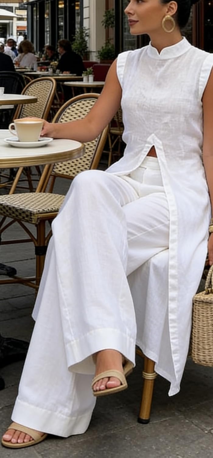 Elegante set da donna in misto lino con scollo alla coreana e spacco frontale e pantaloni larghi in vita elasticizzata Set di abiti estivi 2026