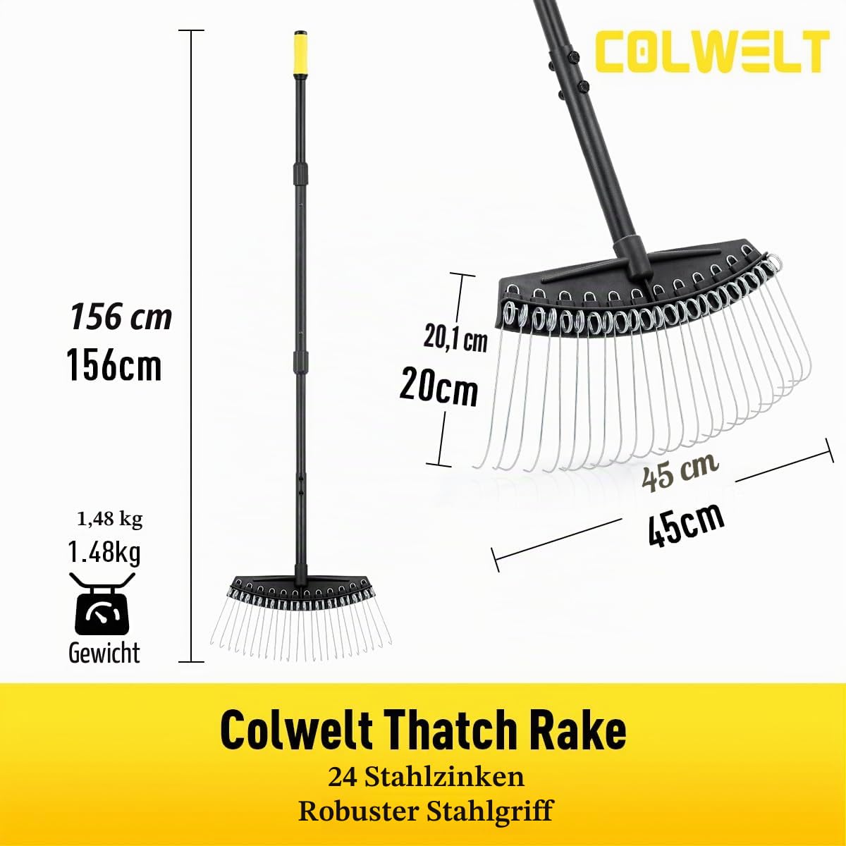 Colwelt Vertikutierrechen, Federstahlzinken, 155 cm Stahlstiel, Rasenrechen