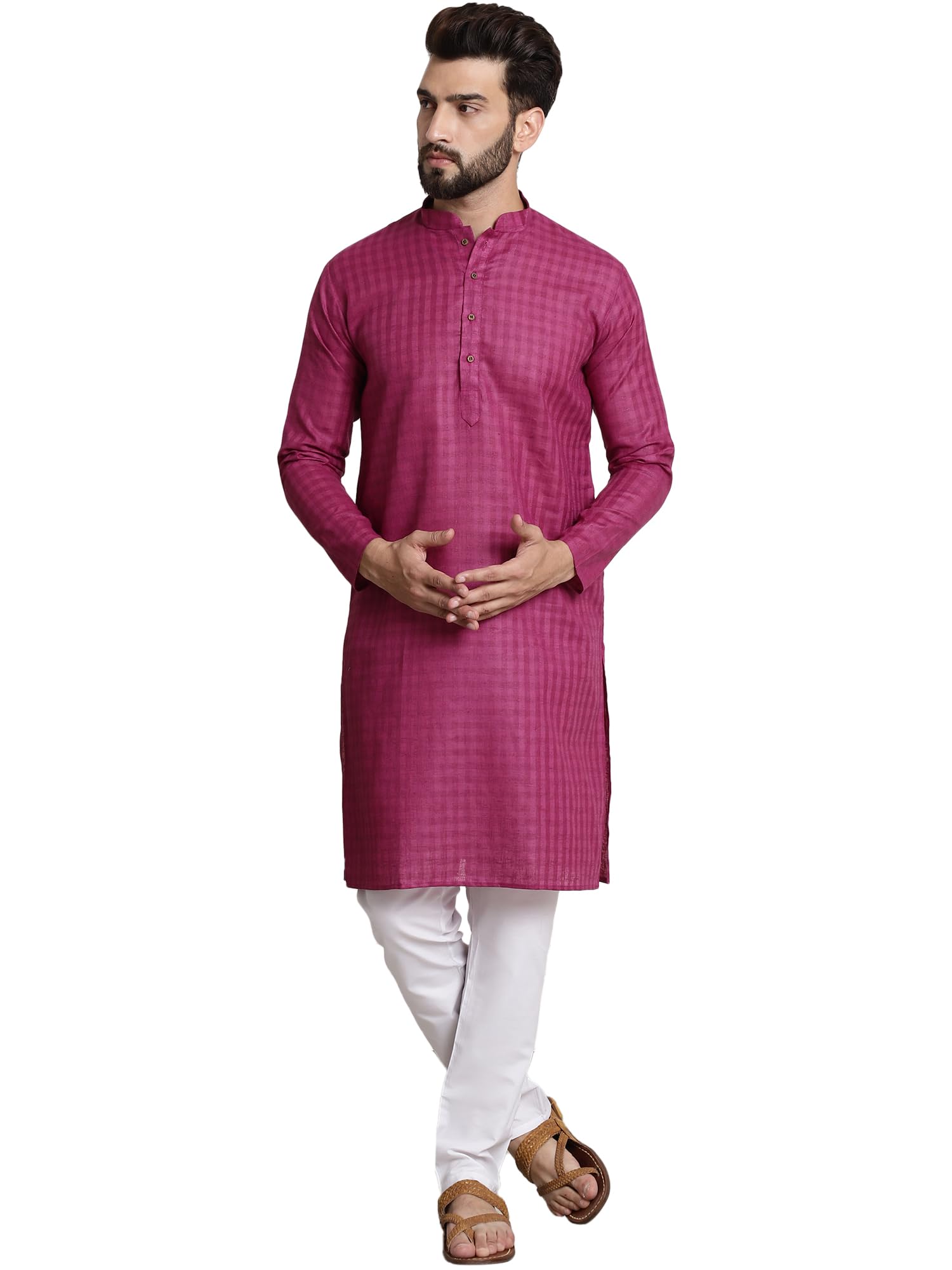 Sojanya (Since 1958 Men's Cotton Blend Magenta Checked Kurta And White Churidar Pyjama Set