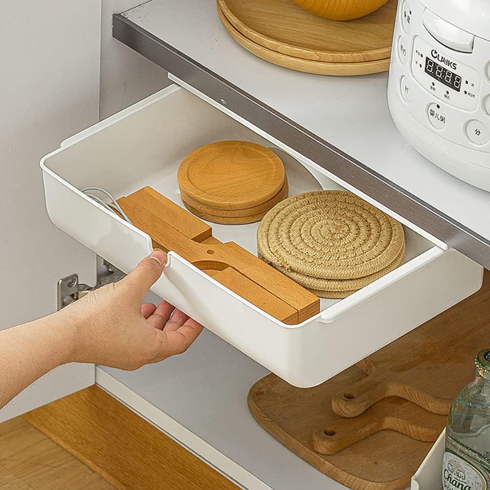 Under Desk Drawer, Large Self-Adhesive Under Desks Organiser, 13x9.2inch Hidden Under Desk Storage Box Cosmetics Case for Storage of Cutlery, Office Supplies, Stationery and Cosmetic (White)