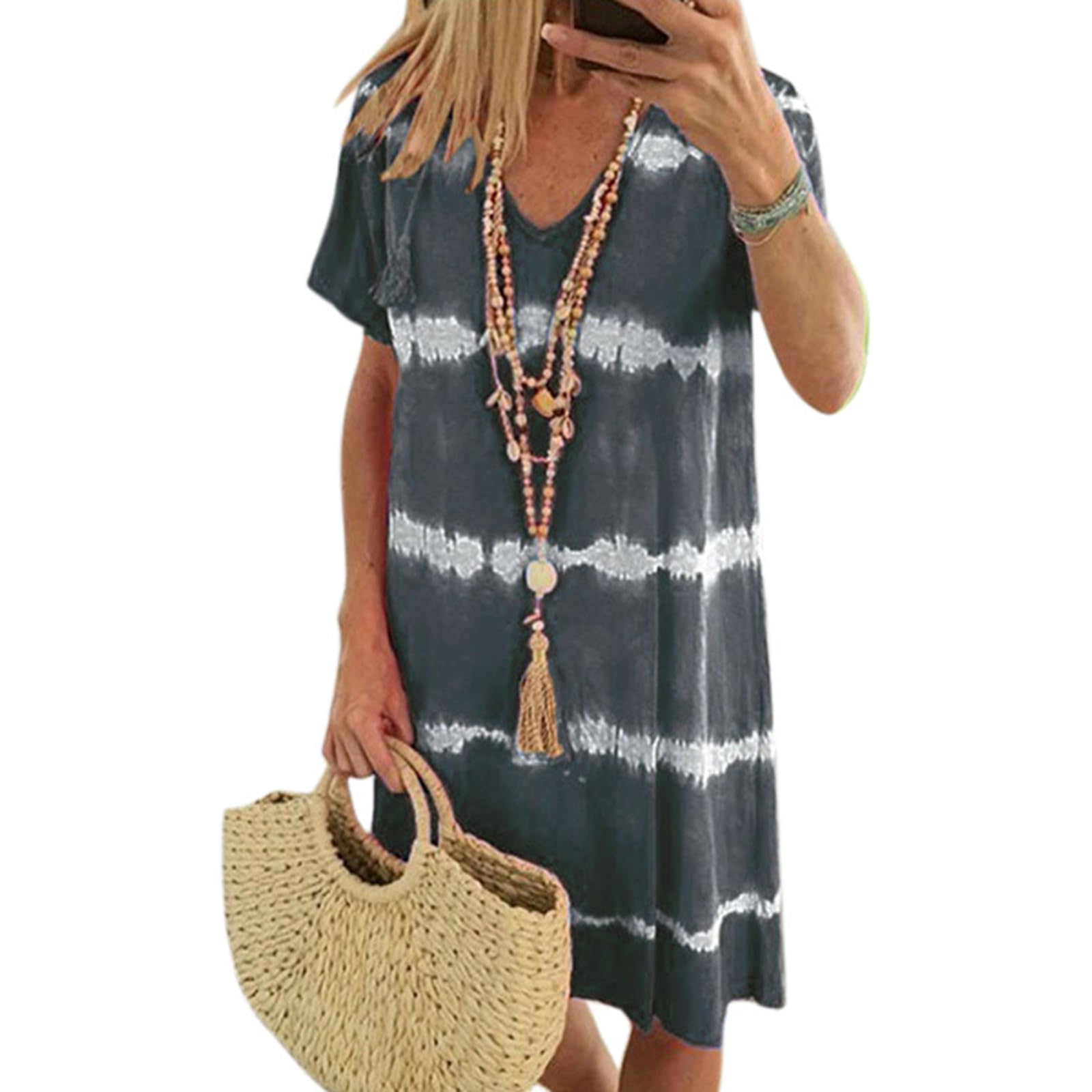 BIUBIULOVE Vestido De Camiseta Suelto De Manga Corta A Rayas Tie-Dye,Vestidos Midi De Manga Corta De Verano para Mujer 2024,Vestidos Midi De Playa con Cuello En V