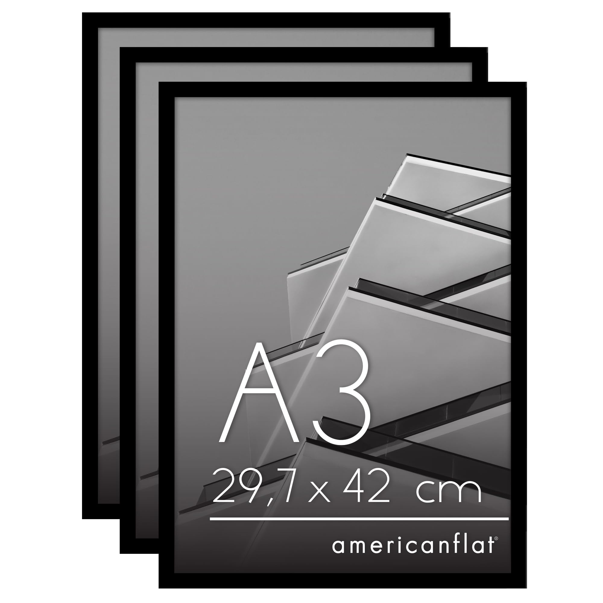 Americanflat Cornice Foto A3 Nere - Set di 3 Cornici A3 con Bordo Sottile e Pannello Protettivo in Plastica - Portafoto con Ganci Seghettati Integrati per Pareti