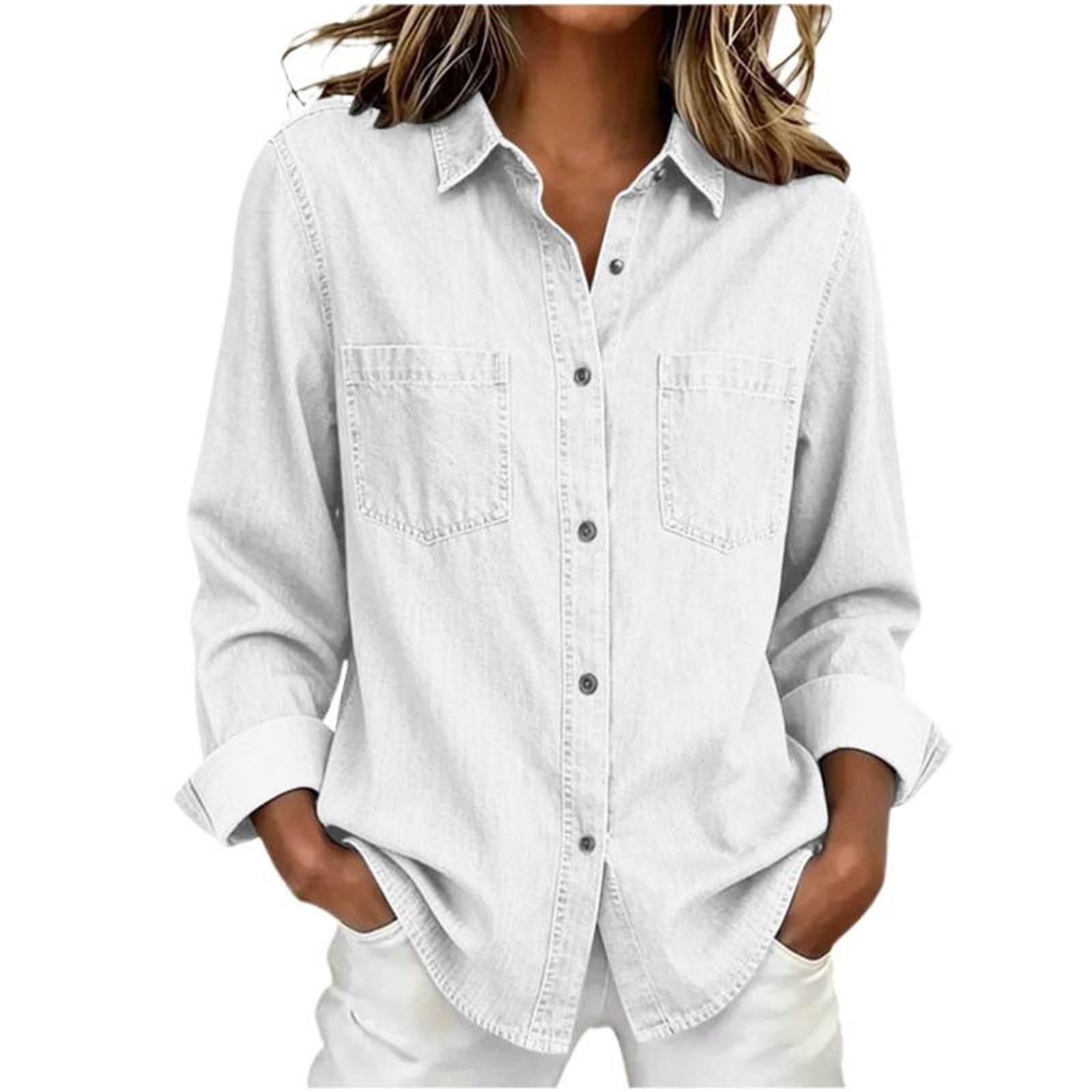 Generisch Camisa vaquera de manga larga para mujer, con botones, talla grande, blusa informal