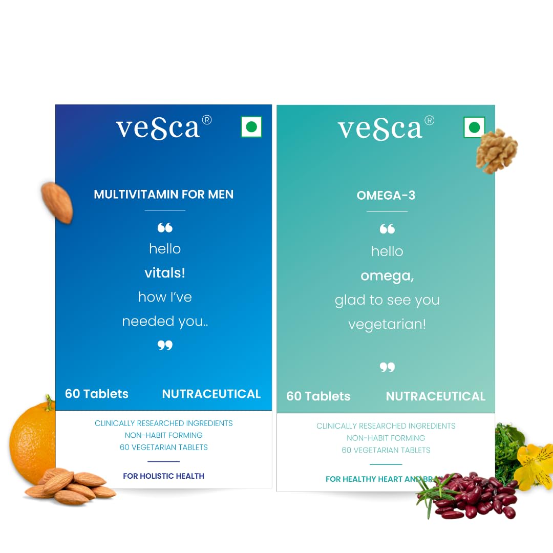 Vesca Multivitamin For Men With Vitamins For a Healthy Heart and Aging with Hair And Skin, 60 Veg Tablets With Omega-3 1000Mg With Algae Rich Veg Omega-3 DHA, 60 Tablets (Combo Pack)