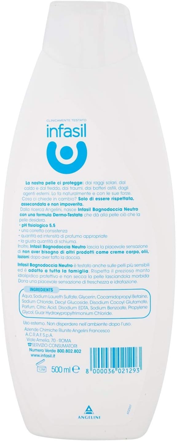 12x Infasil Bagnodoccia Neutro Delicato, Clinicamente Testato e Delicato sulla Pelle, Bagnoschiuma 500ml + Portachiavi Beni Culinari in Omaggio
