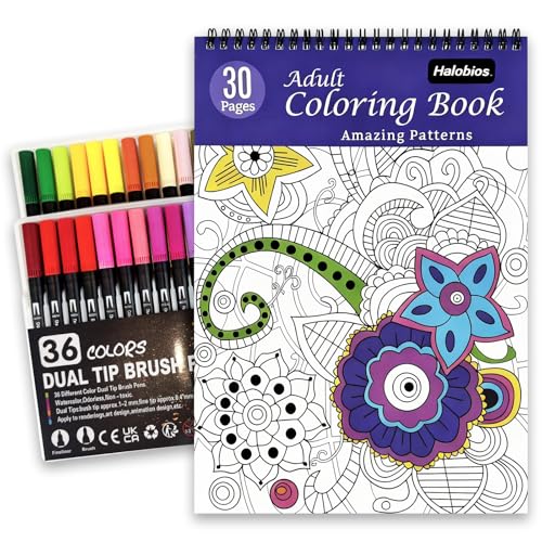 Adult Coloring Book Set with 36 Dual-Tip Markers 30 Patterns Spiral Bound Coloring Book for Adults Relaxation Crafts for Adults Women Anxiety Relief Mindfulness Relaxation Gifts for Adult