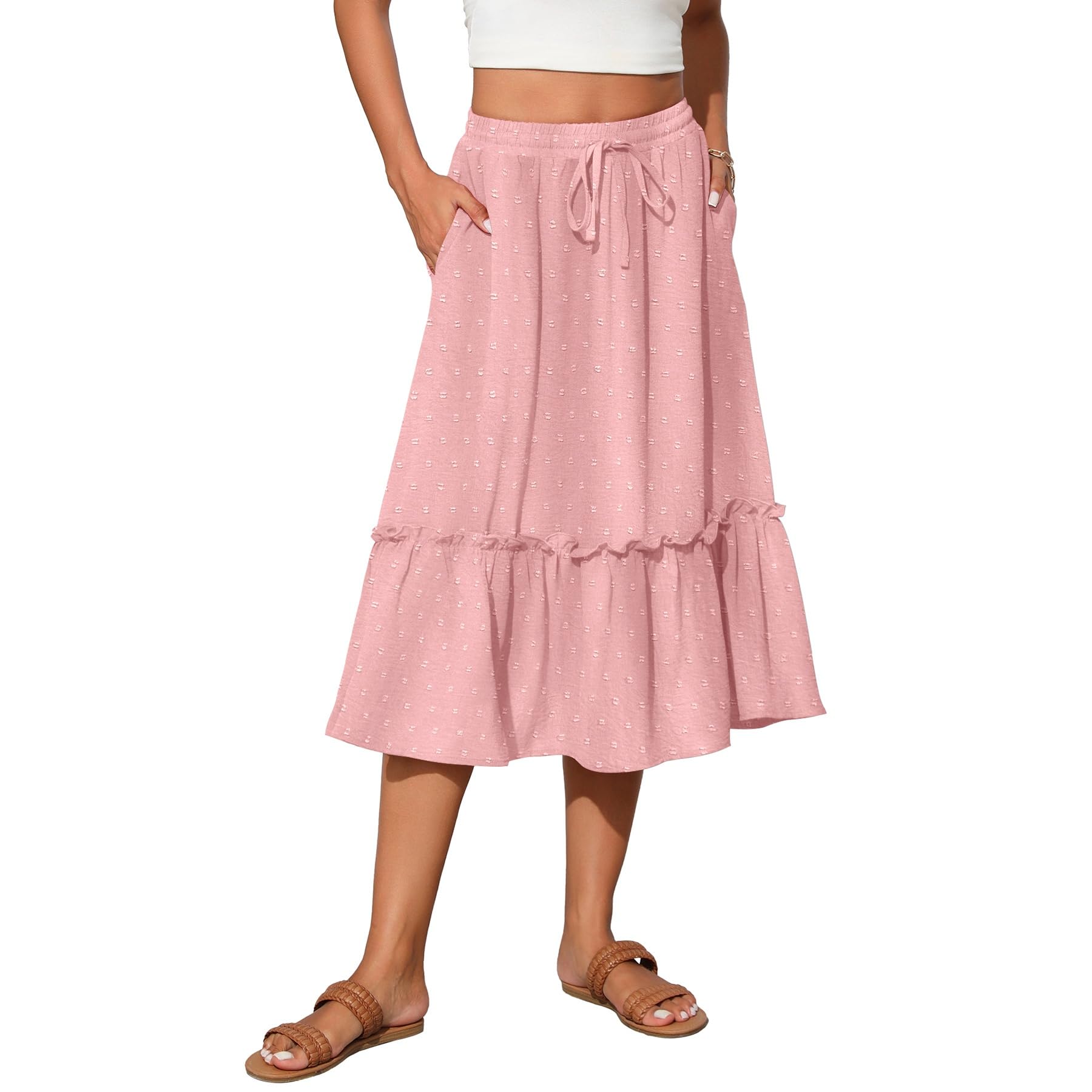 Witsmile Womens High Waist Tiered Midi Skirt Flowy Long Length with Pockets