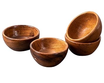 nestroots Bowl Set of 4 for Snacks Mixing Bowls for Kitchen | Salad Bowl Wooden Desert Bowl for Serving Mixing Bowl Acacia Wood with Decaling Print |Brown 3 inches Diameter