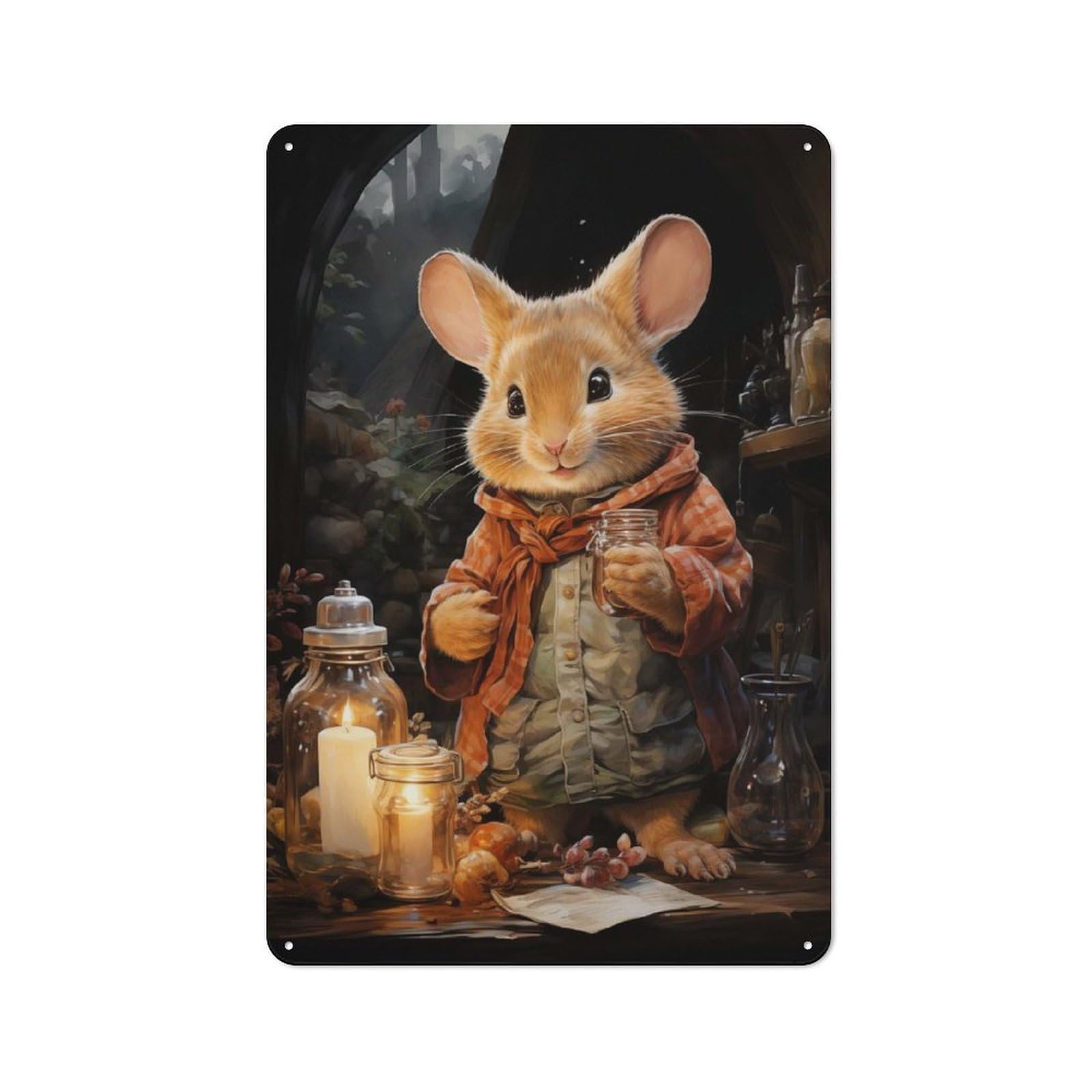 Junmoney Style-21 Metal Wall Sign 30X20cm Featuring Mouse With Jar And Candles For Garage Or Workshop, For Garage, Workshop And Man Cave Decoration