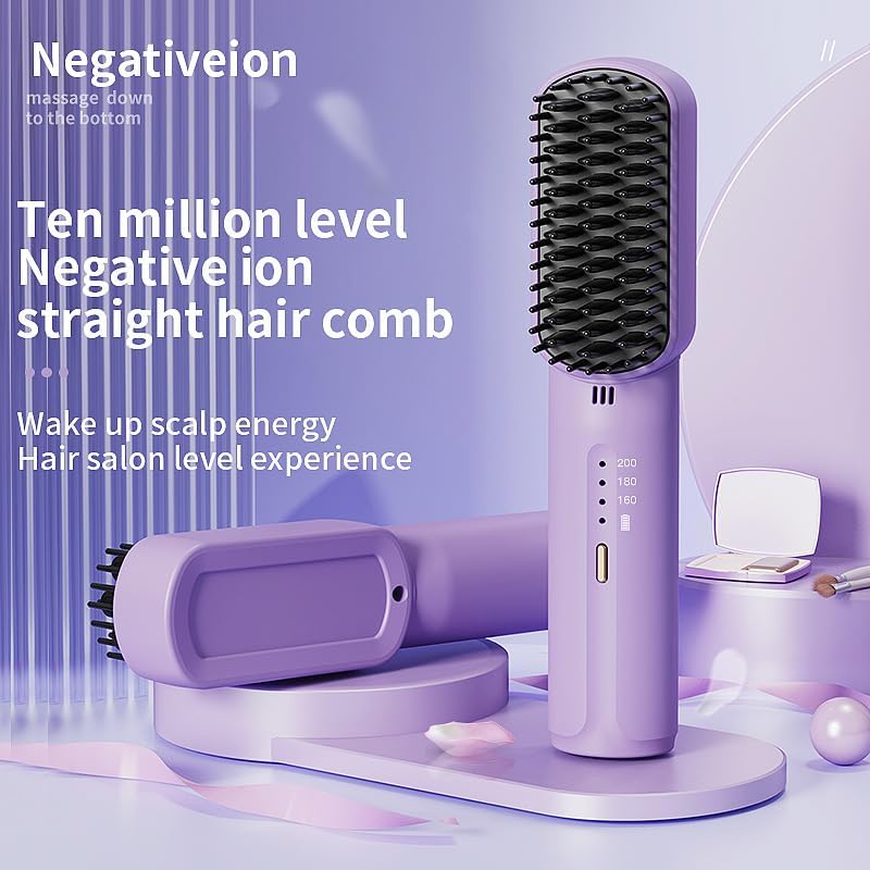 Wireless Hair Straightening Comb with text indicating 'Negative ion' and 'Ten million level Negative ion straight hair comb' for scalp energy and salon-level experience.