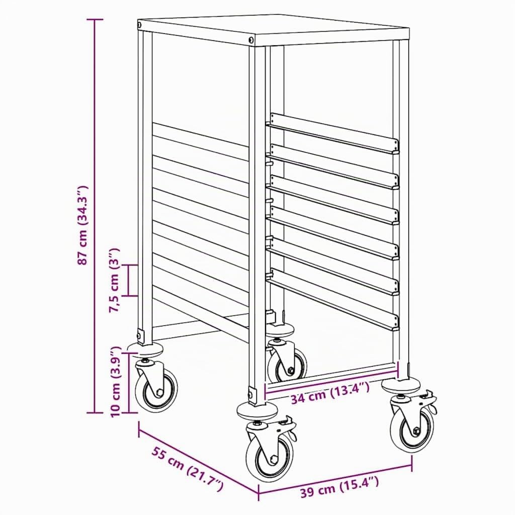vidaXL Carrello Portateglie con 6 GN Contenitori 39x55x87 cm, rastrelliera per vassoi, Carrello per panetteria, rastrelliera per teglie da panino