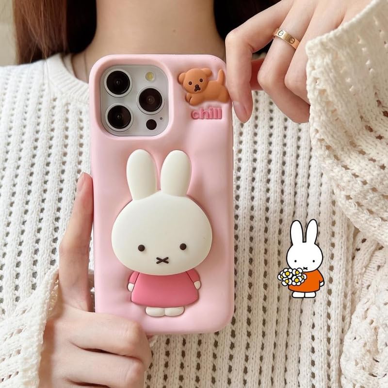 Image of COVERLY for iPhone 15 Pro Max 3D Miffies Bunny Cute Cartoon Case,Full Protective Case Kawaii Adorable Miffy Rabbit Pink Pop Case Holder Silicone Fashion Aesthetic Cover for Apple iPhone 15 Pro Max