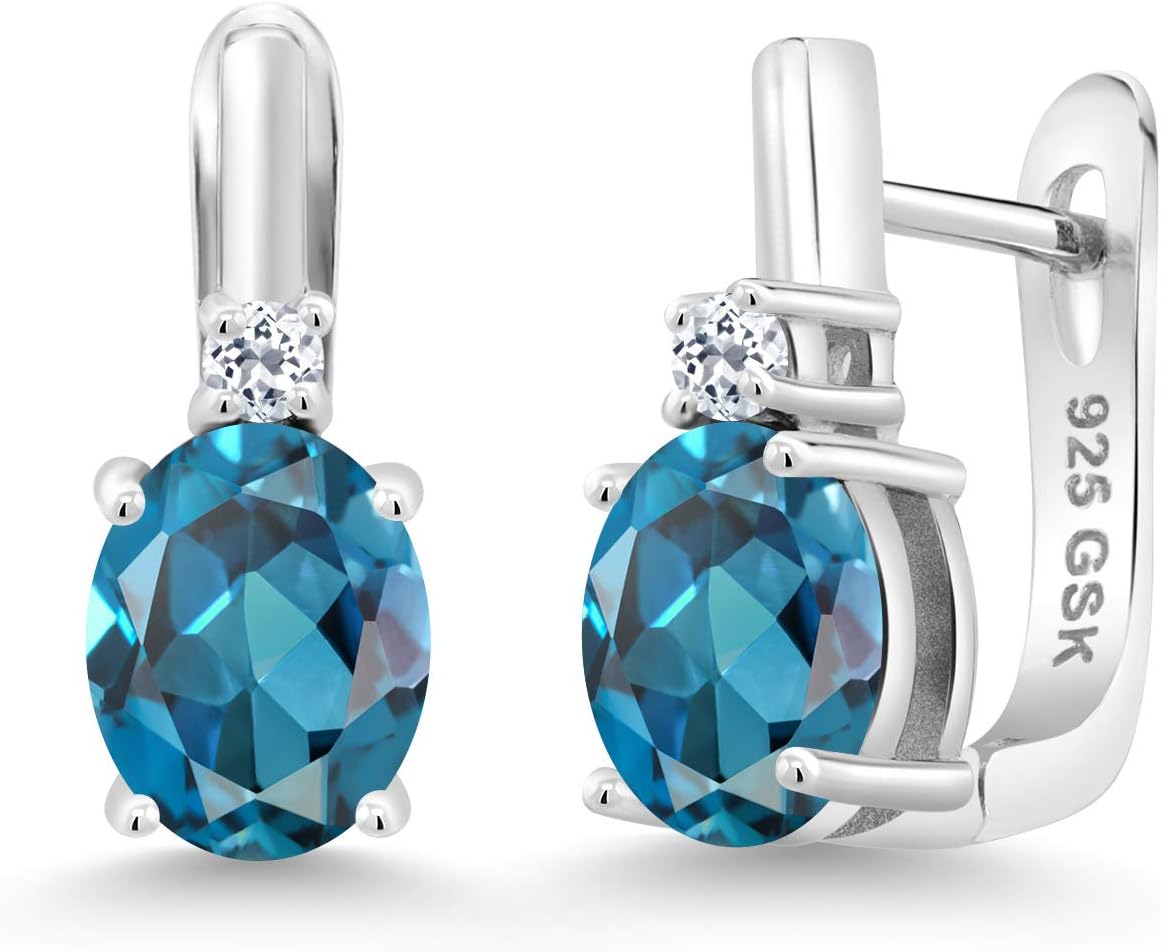 Gem Stone King 925 Sterling Silver 9X7MM Oval Gemstone Birthstone and 2.5MM White Topaz Earrings For Women | Fine Jewelry Gifts for Her Mom Women Wife