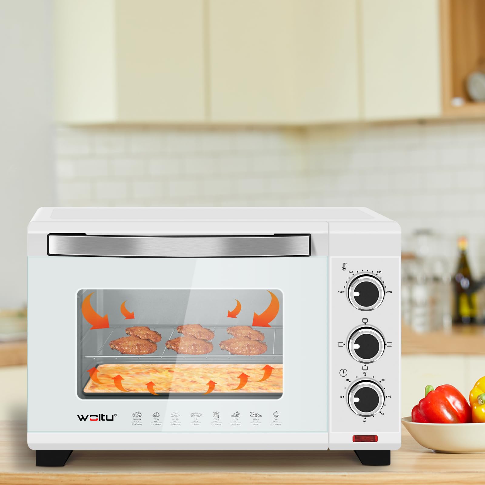 WOLTU Horno Pequeño Sobremesa 21 L, 1280 W, 100-230℃, Calor Superior e Inferior, Temporizador 0-60 Min, Blanco